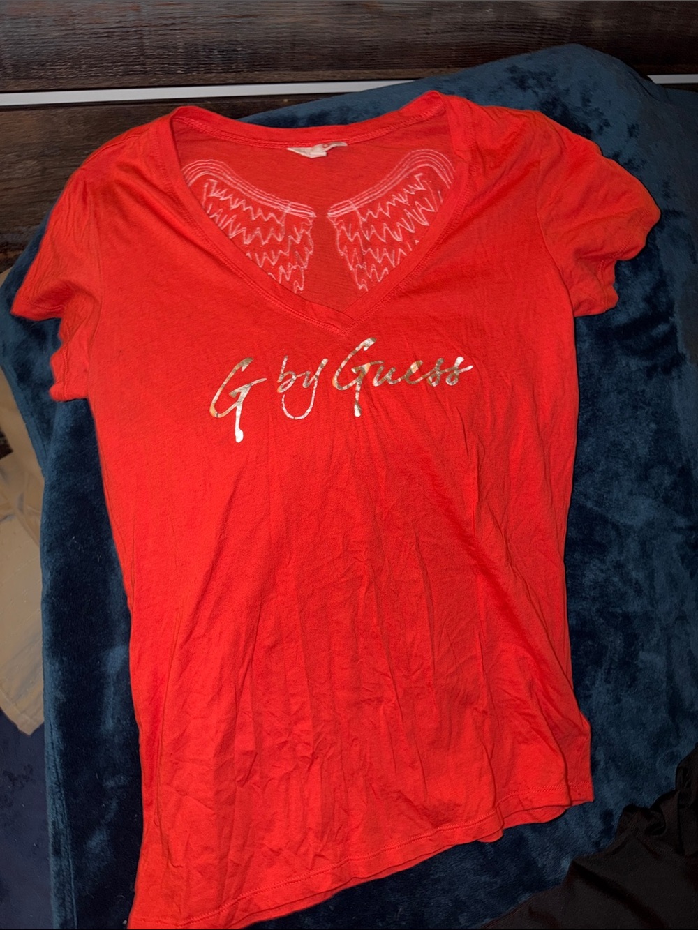 G by Guess Red V-Neck Tee with Metallic Script